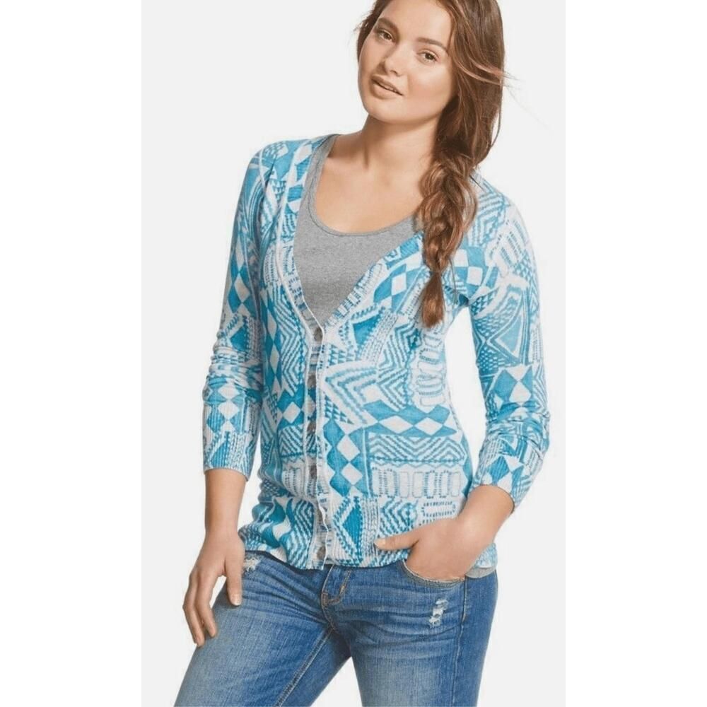 Mossimo Large NWT Women's Boyfriend Printed sweater Cardigan Grey/Blue